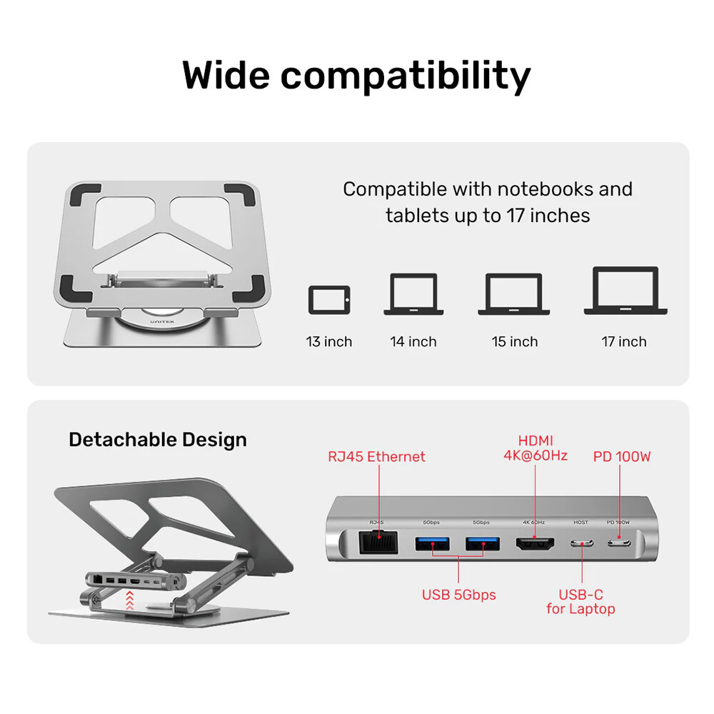 UNITEK USB-C NOTEBOOK STANDI VE DOCKING STATION (D1109A)